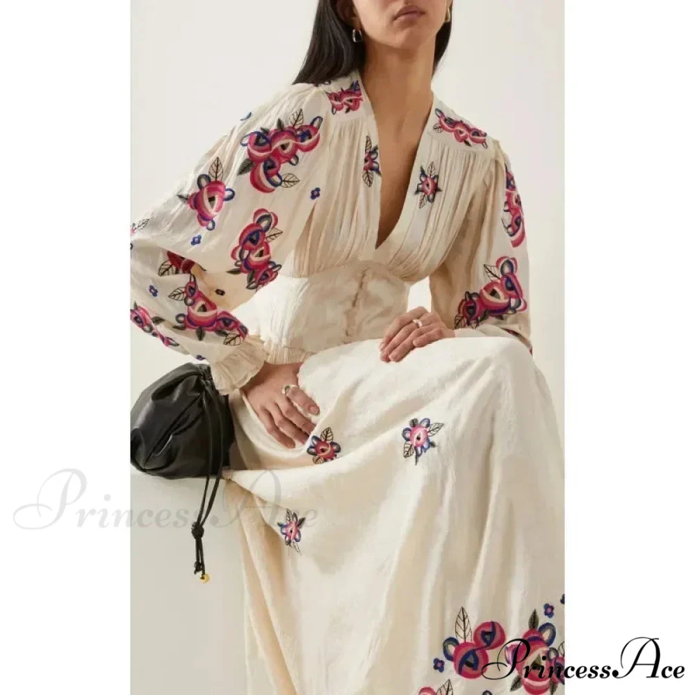 V-neck Flowery A-line Lantern Sleeve Cotton Boho Dress - Image 2