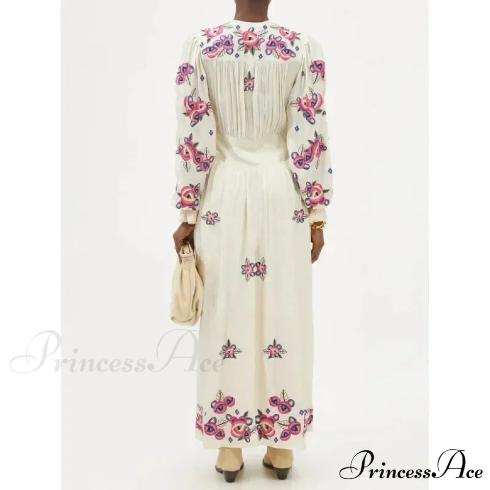V-neck Flowery A-line Lantern Sleeve Cotton Boho Dress - Image 3