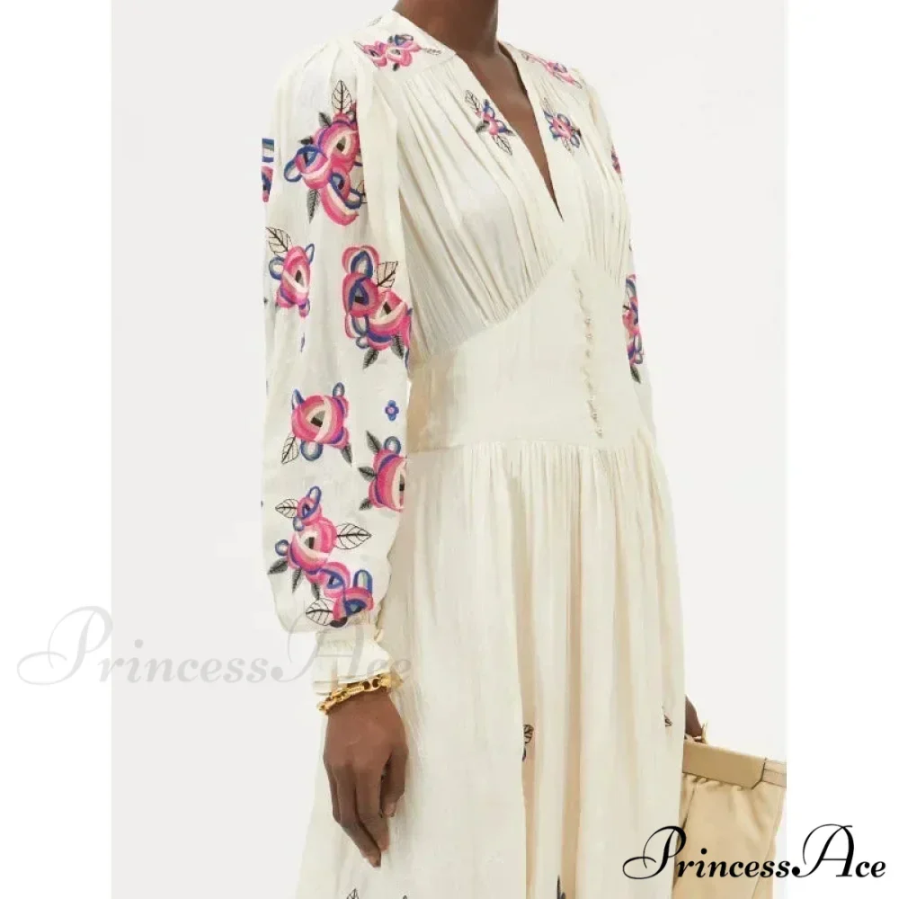 V-neck Flowery A-line Lantern Sleeve Cotton Boho Dress - Image 4