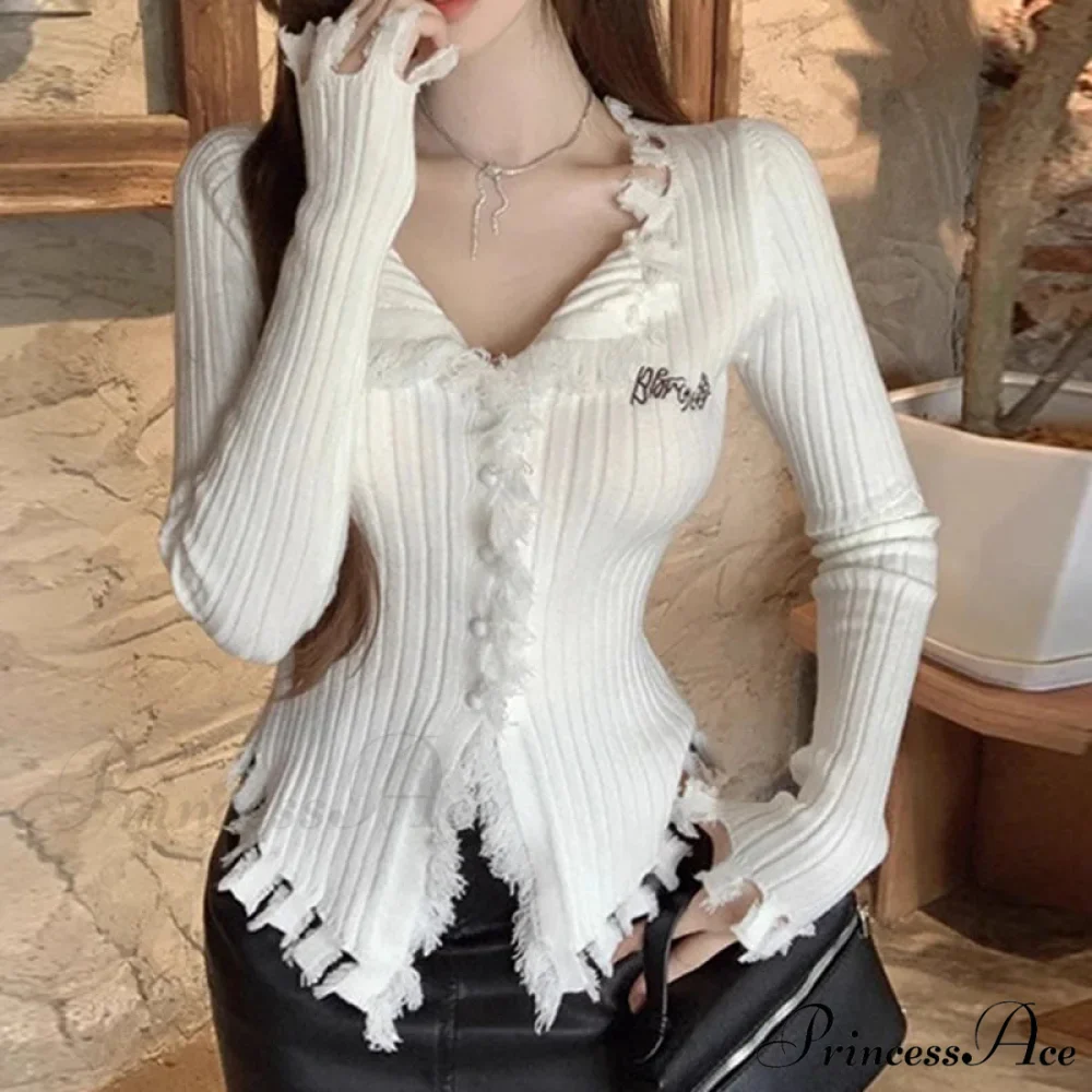 V-Neck Knit Jumper Design Fringe Asymmetrical Hem Knit Blouse - Image 3