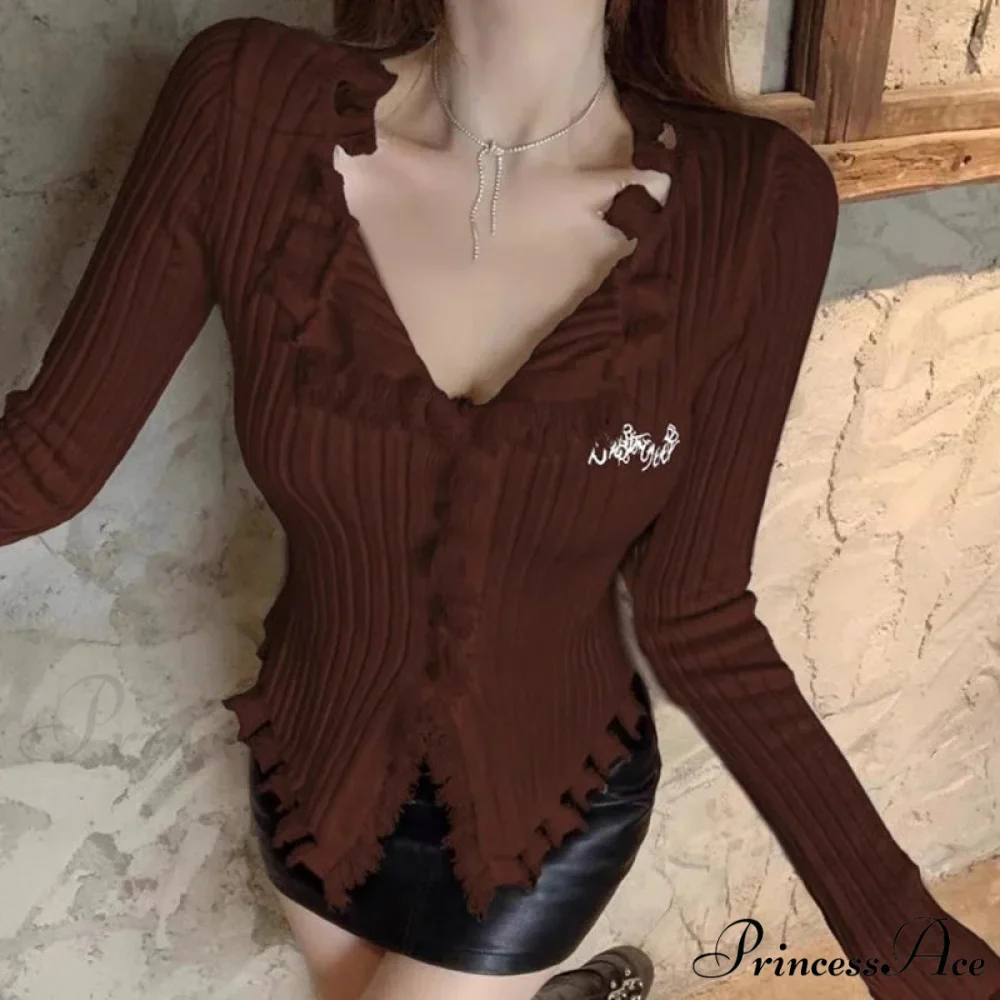 V-Neck Knit Jumper Design Fringe Asymmetrical Hem Knit Blouse - Image 5