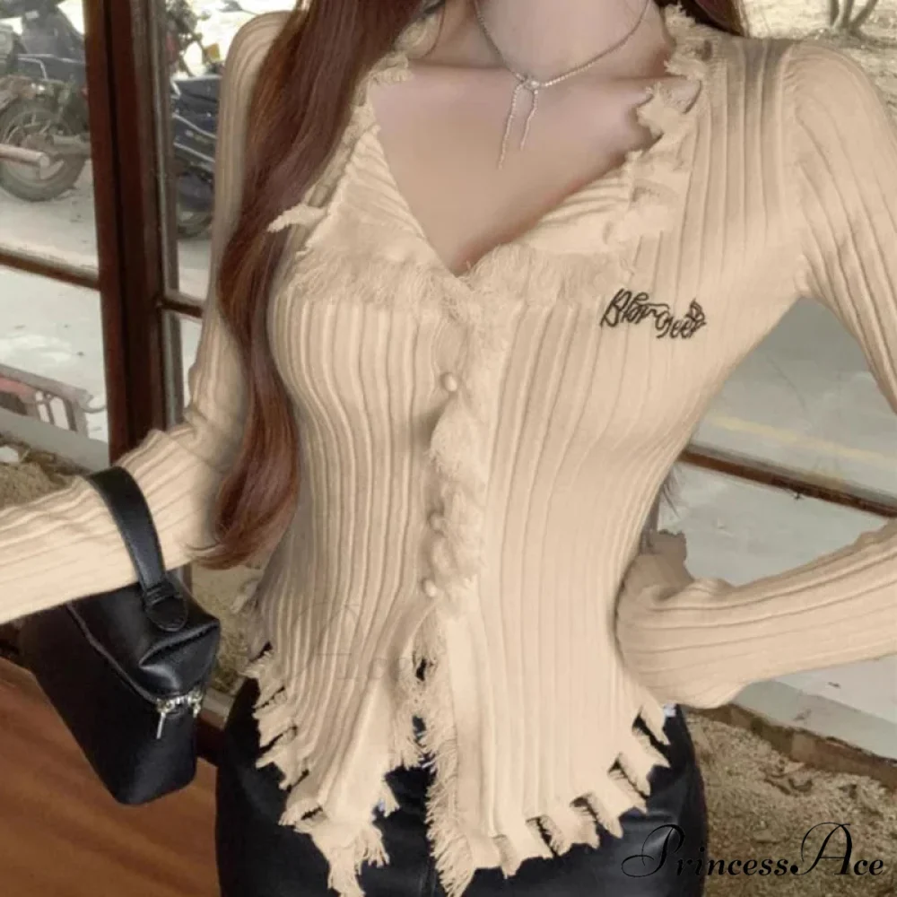 V-Neck Knit Jumper Design Fringe Asymmetrical Hem Knit Blouse - Image 6