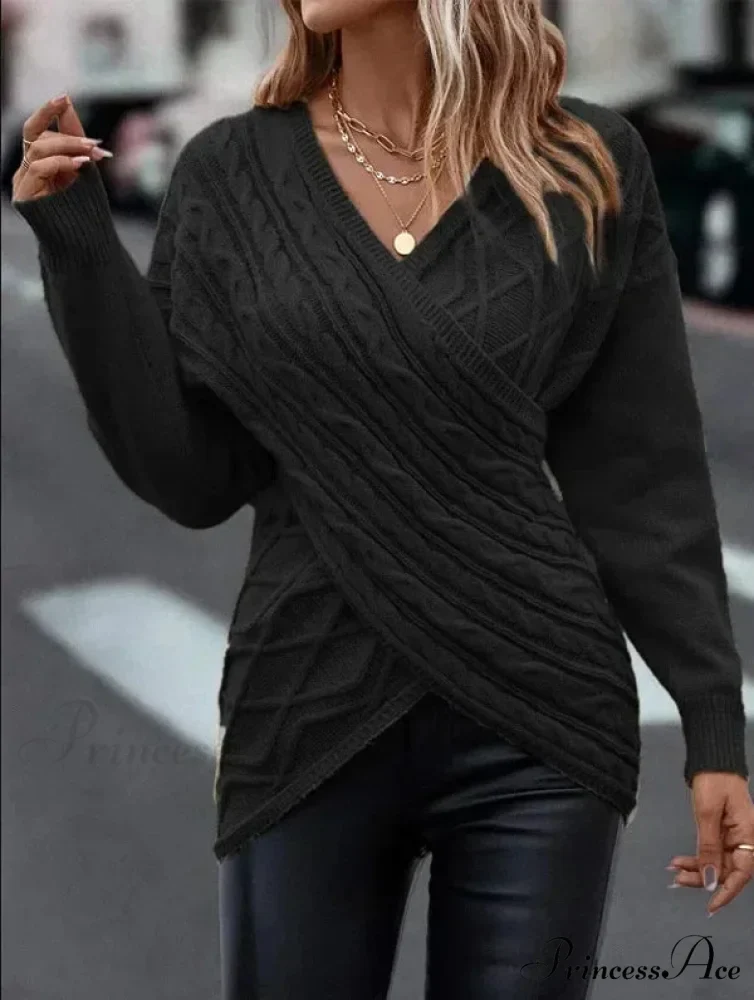 V - Neck Patterned Grey Y2k Sweater - Image 2