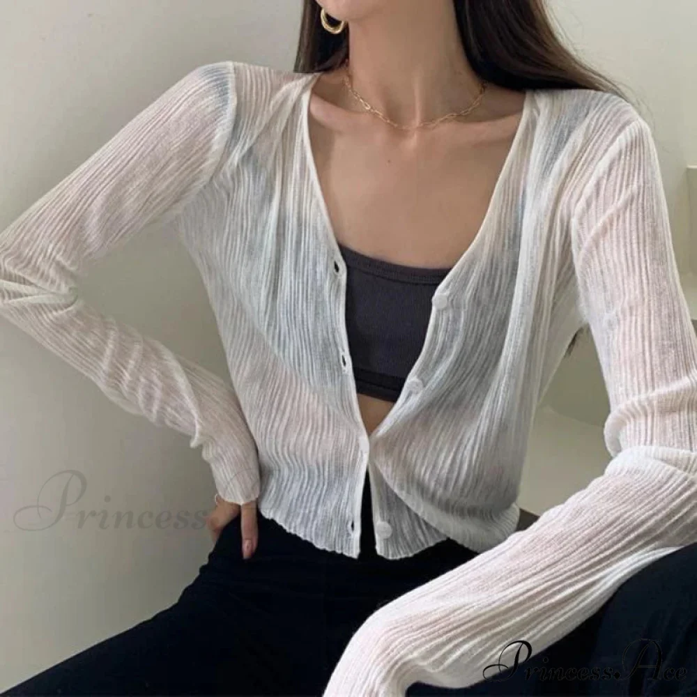 V-Neck Slim Long Sleeve Sun Protection Informal Black White Cardigan - Image 2