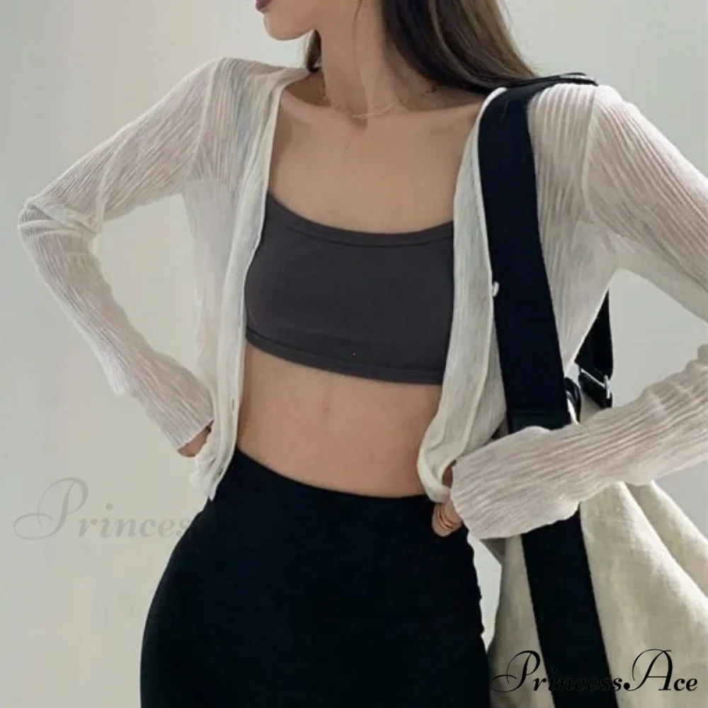 V-Neck Slim Long Sleeve Sun Protection Informal Black White Cardigan - Image 3