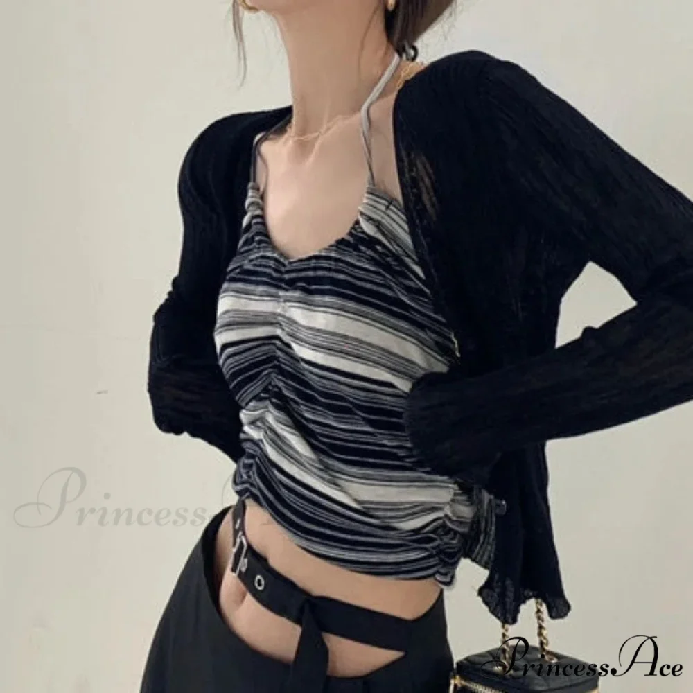V-Neck Slim Long Sleeve Sun Protection Informal Black White Cardigan - Image 4