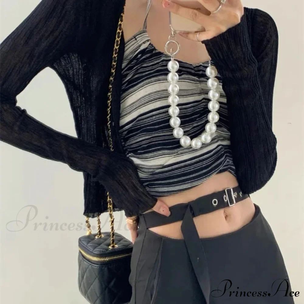 V-Neck Slim Long Sleeve Sun Protection Informal Black White Cardigan - Image 5