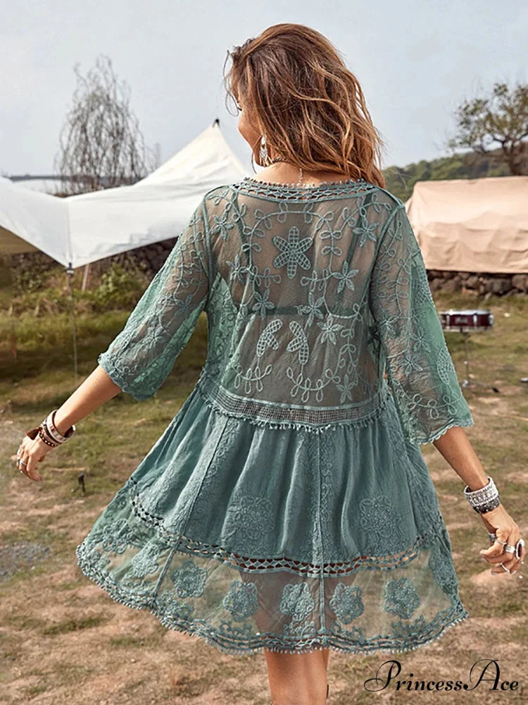 V-neck Transparent Lace Boho Cover-up - Image 2