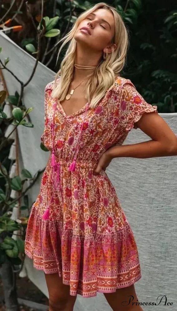 Various Flower Pattern V-neck Half Sleeve Baggy Mini Boho Dress - Image 3