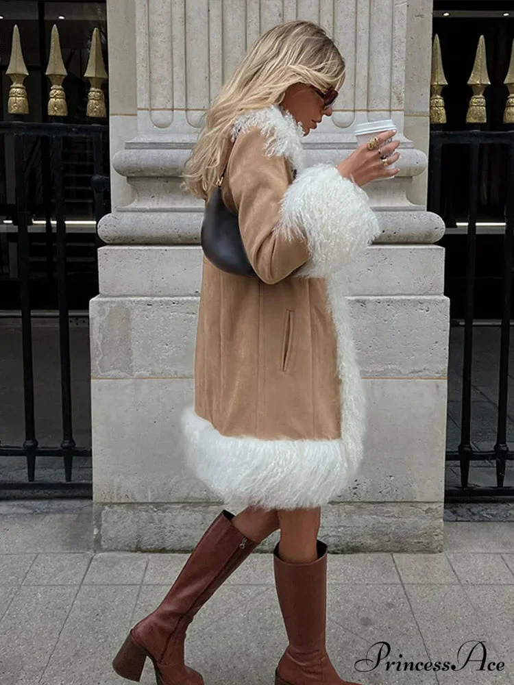 Velvet Furry Collar Extended Sleeve Cozy Overcoat - Image 2