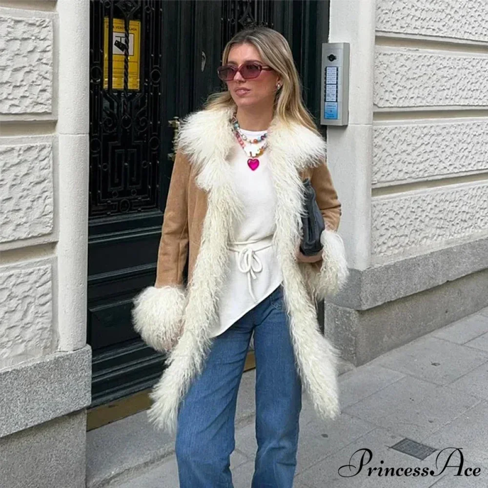 Velvet Furry Collar Extended Sleeve Cozy Overcoat - Image 6