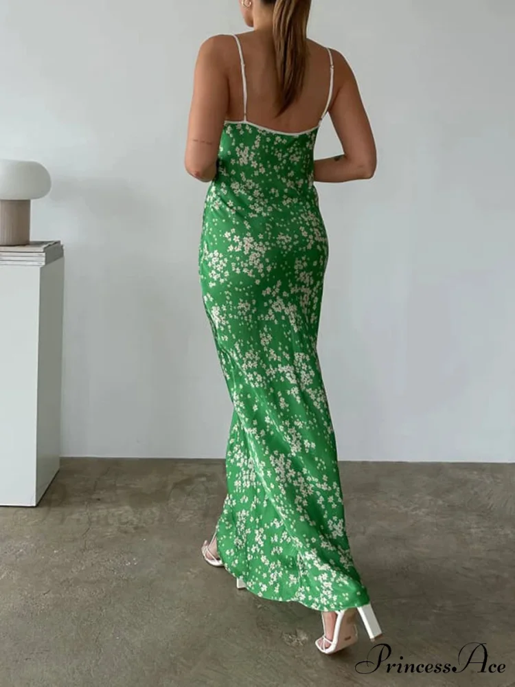 Verdant Blooms Pattern Seaside Relaxed Bohemian Open-Back Spaghetti Strap Dress - Image 2