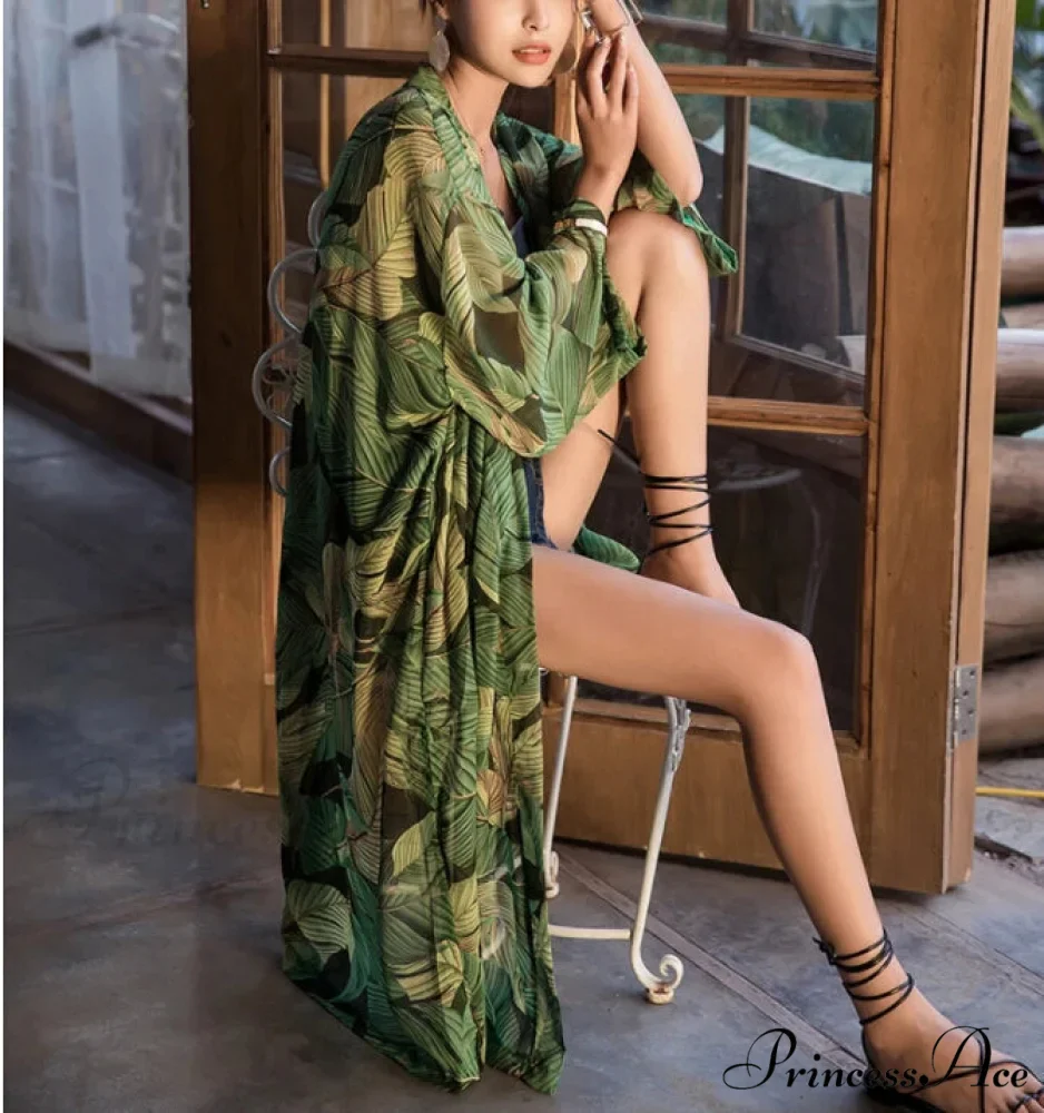 Verdant Flower Pattern Chiffon Bohemian Kimono Beach Cover up - Image 2