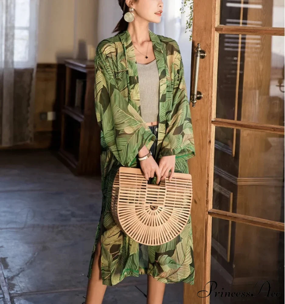 Verdant Flower Pattern Chiffon Bohemian Kimono Beach Cover up - Image 3