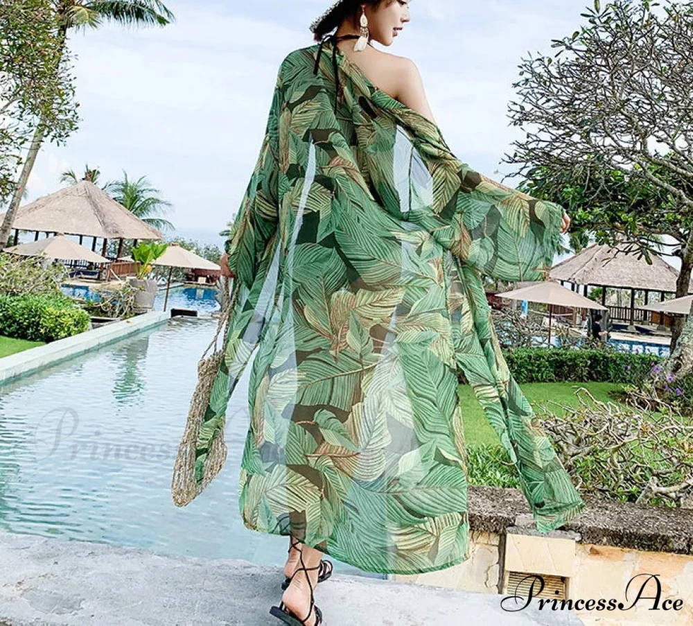 Verdant Flower Pattern Chiffon Bohemian Kimono Beach Cover up - Image 4