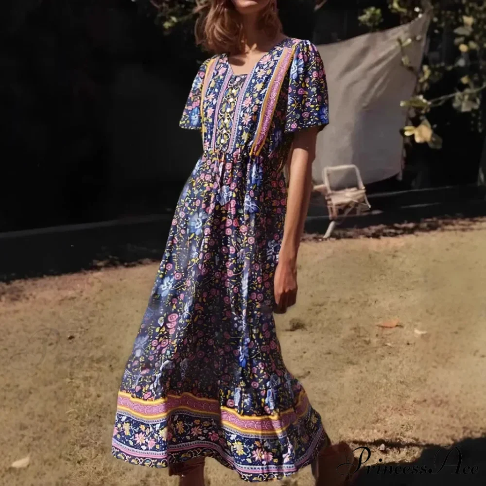 Verdant Flower Pattern Frills Sleeve Fringe V-neck Rayon Maxi Boho Dress - Image 2