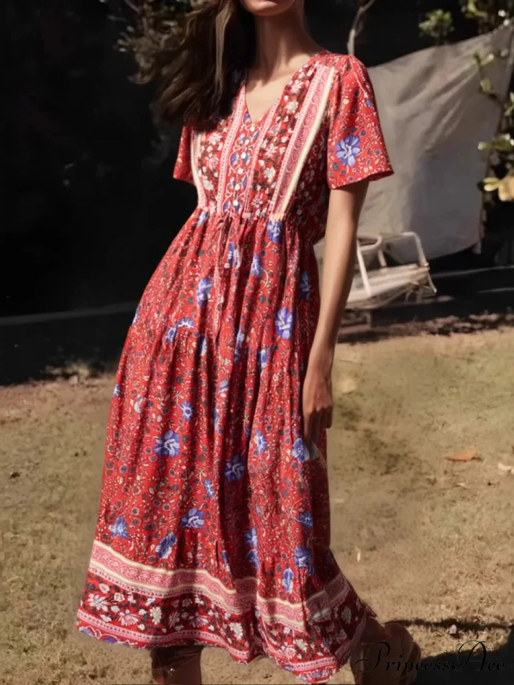 Verdant Flower Pattern Frills Sleeve Fringe V-neck Rayon Maxi Boho Dress - Image 3