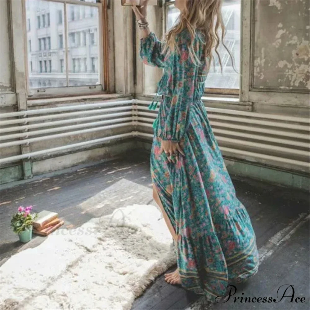 Verdant Flower Pattern Fringe Rayon Cotton Seaside Maxi Boho Dress - Image 2