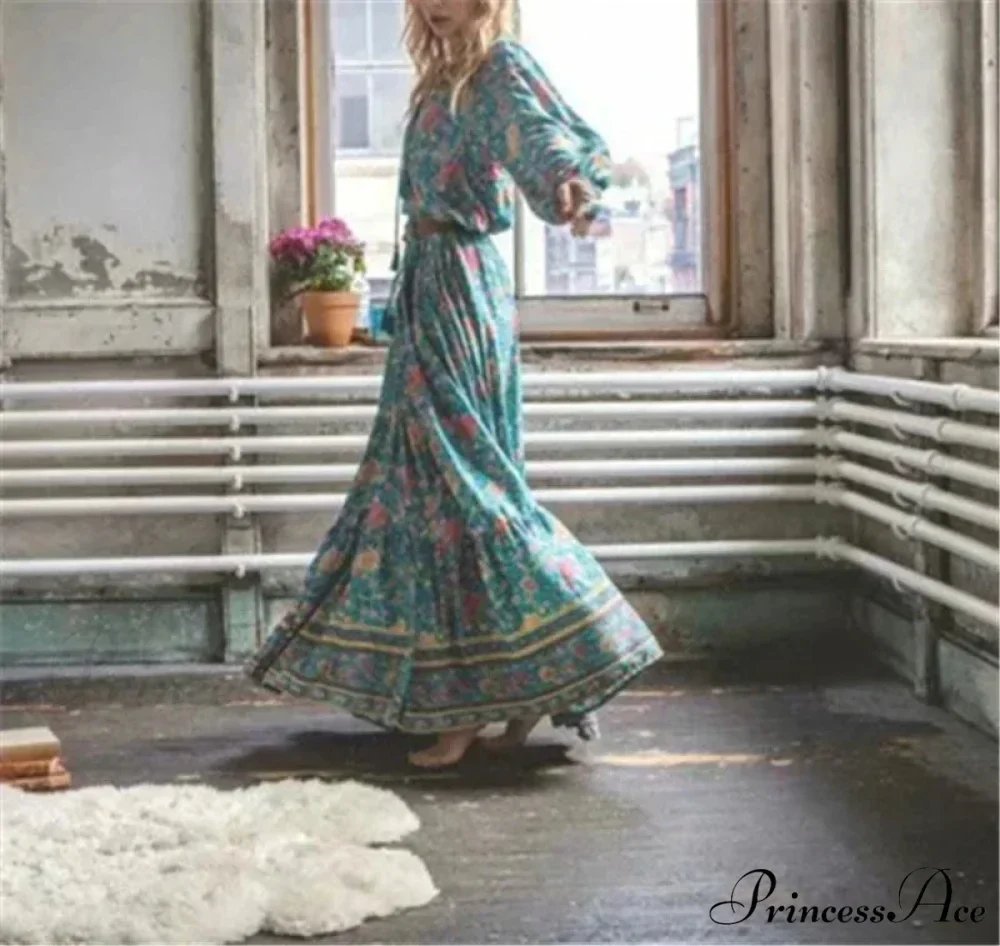 Verdant Flower Pattern Fringe Rayon Cotton Seaside Maxi Boho Dress - Image 3