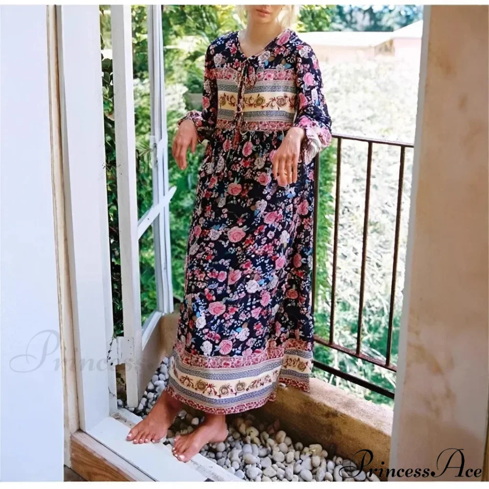Verdant Flower Pattern Necktie Long Sleeve Rayon Summertime Maxi Bohemian Dress - Image 2