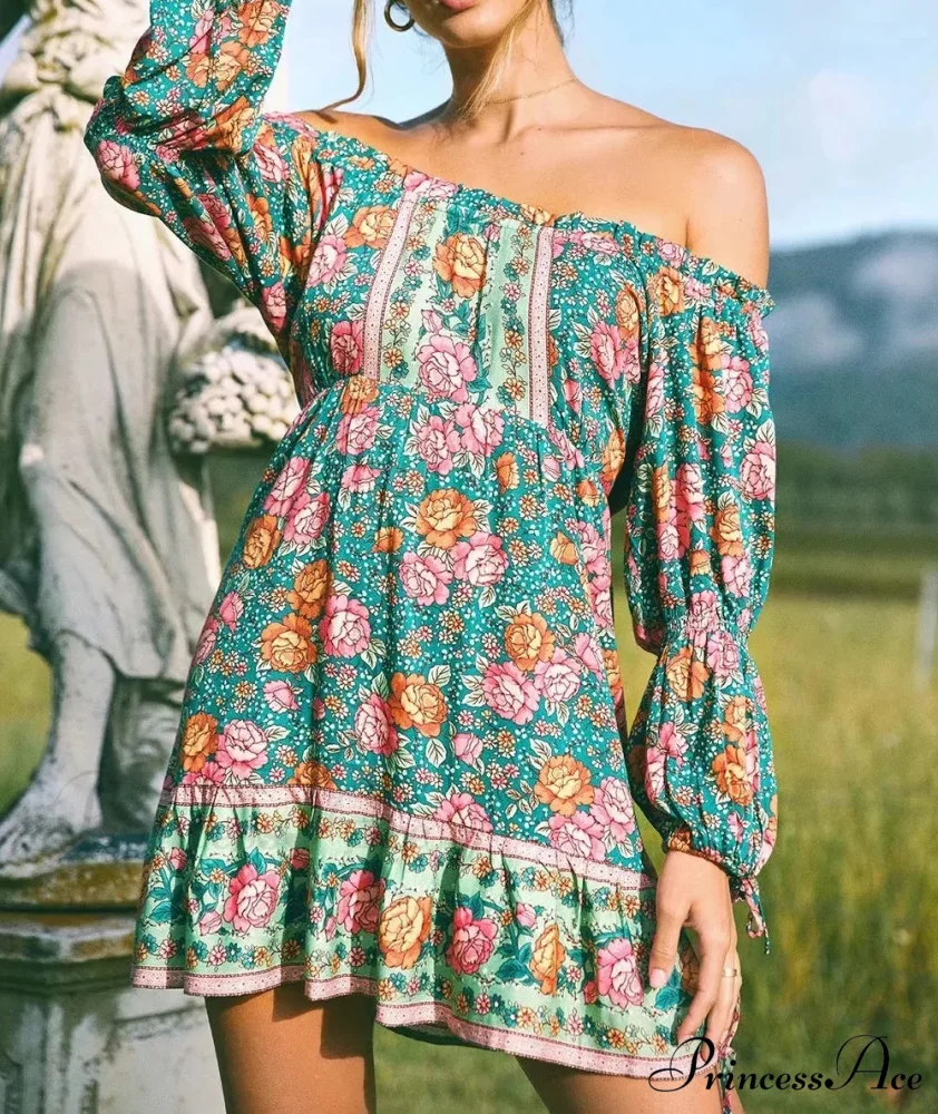 Verdant Flower Pattern Off-the-Shoulder Lengthy Sleeve Getaway Mini Bohemian Sun Dress - Image 2