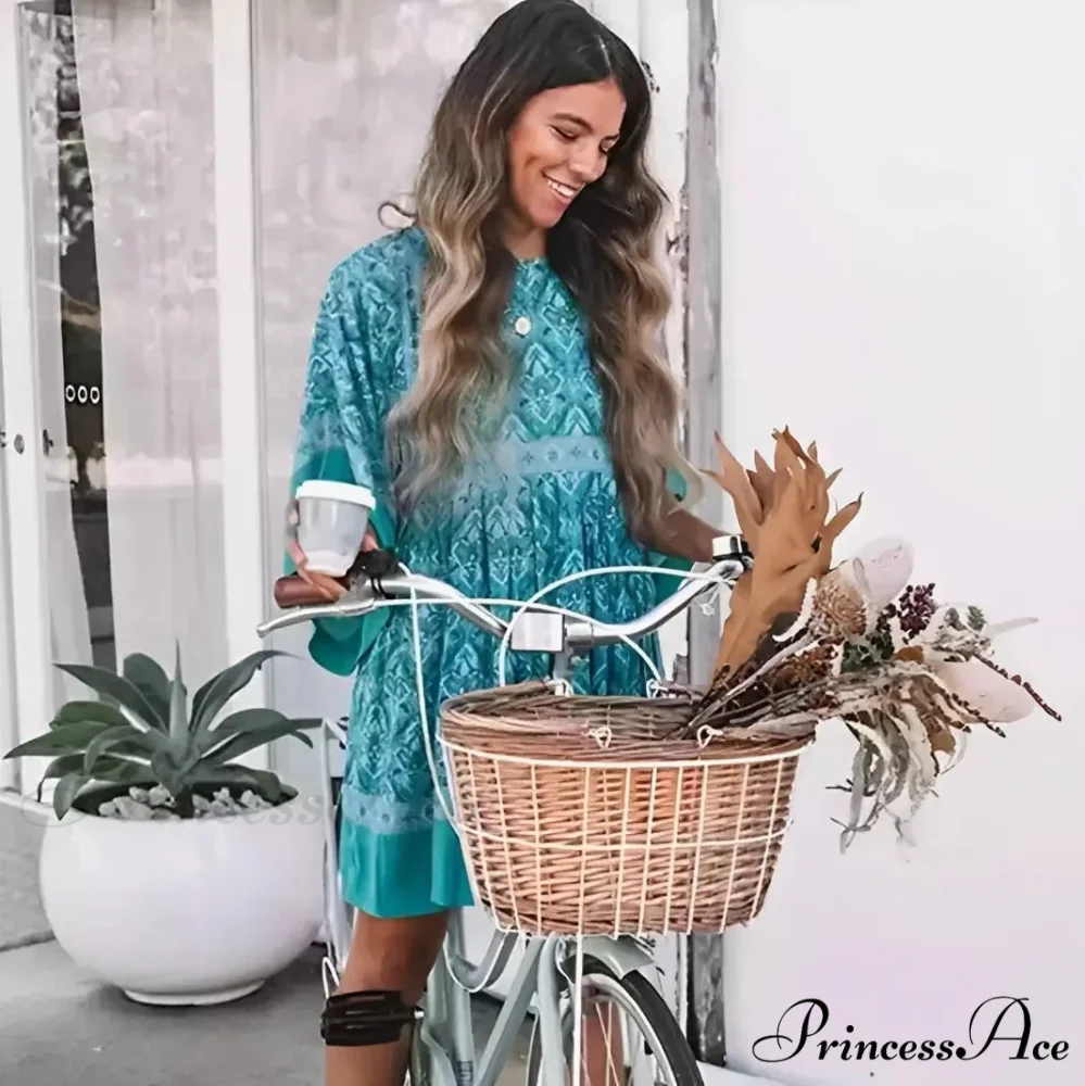 Verdant Flower Pattern Relaxed Round-neck Dolman Sleeve Short Bohemian Dress - Image 2