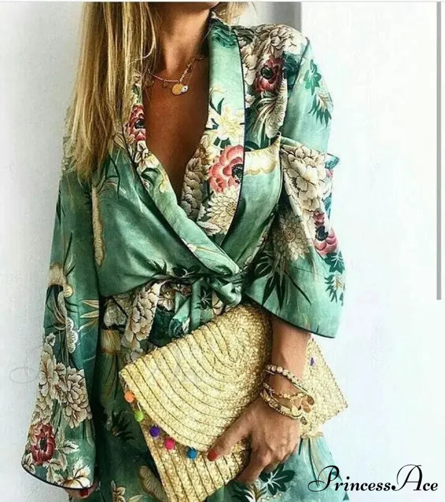 Verdant Flowery Silk Kimono Caftan Bohemian Swimsuit Cover up - Image 2