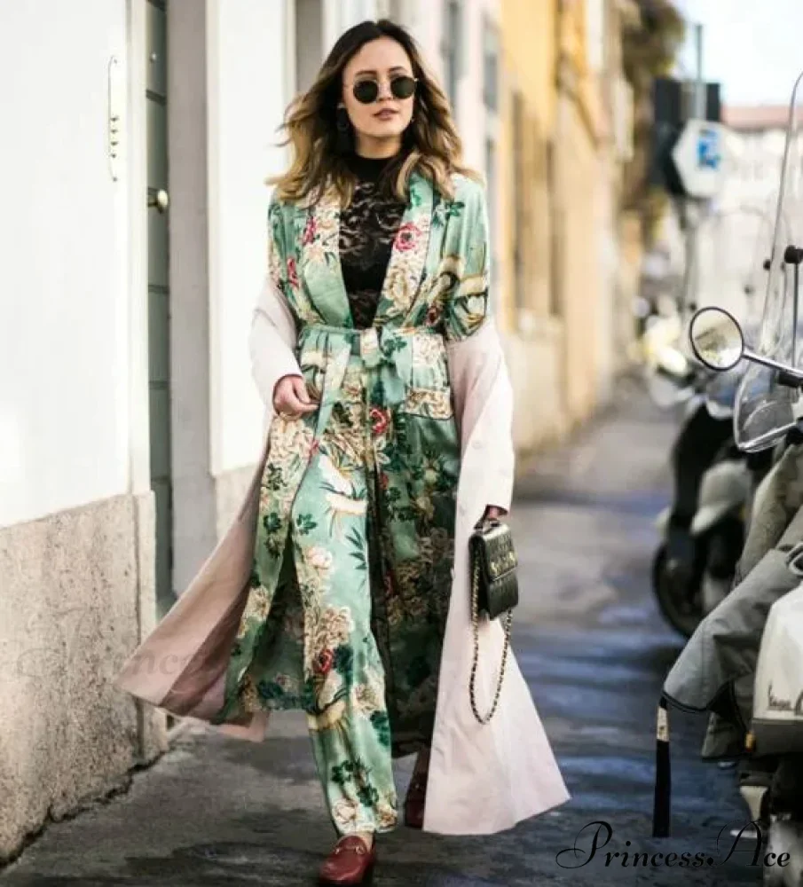 Verdant Flowery Silk Kimono Caftan Bohemian Swimsuit Cover up - Image 3