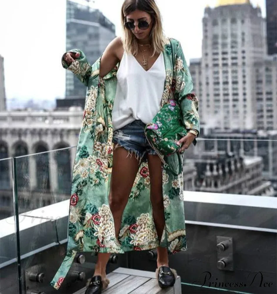 Verdant Flowery Silk Kimono Caftan Bohemian Swimsuit Cover up - Image 4