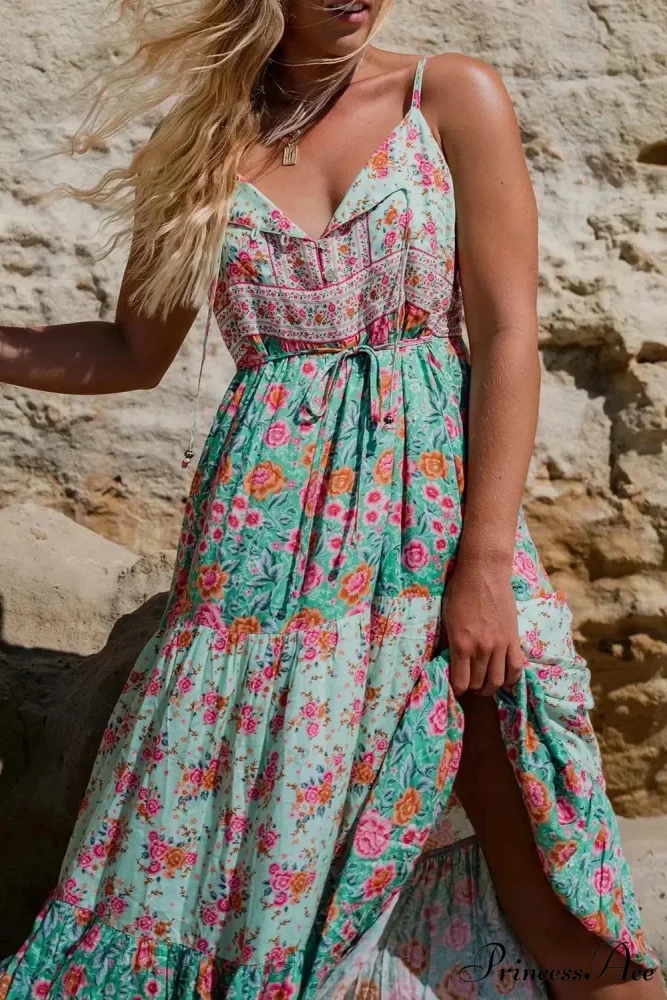 Verdant Flowery Sleeveless Rayon Long Bohemian Dress - Image 2
