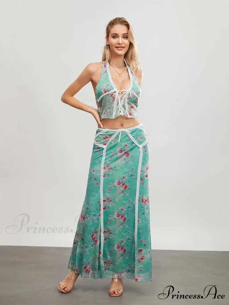 Verdant Flowery Sleeveless Tie-up Halter Backless Long Floral Dress - Image 2