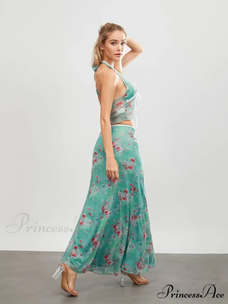 Verdant Flowery Sleeveless Tie-up Halter Backless Long Floral Dress - Image 4