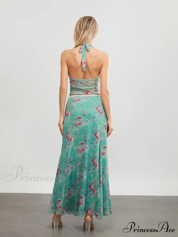 Verdant Flowery Sleeveless Tie-up Halter Backless Long Floral Dress - Image 5