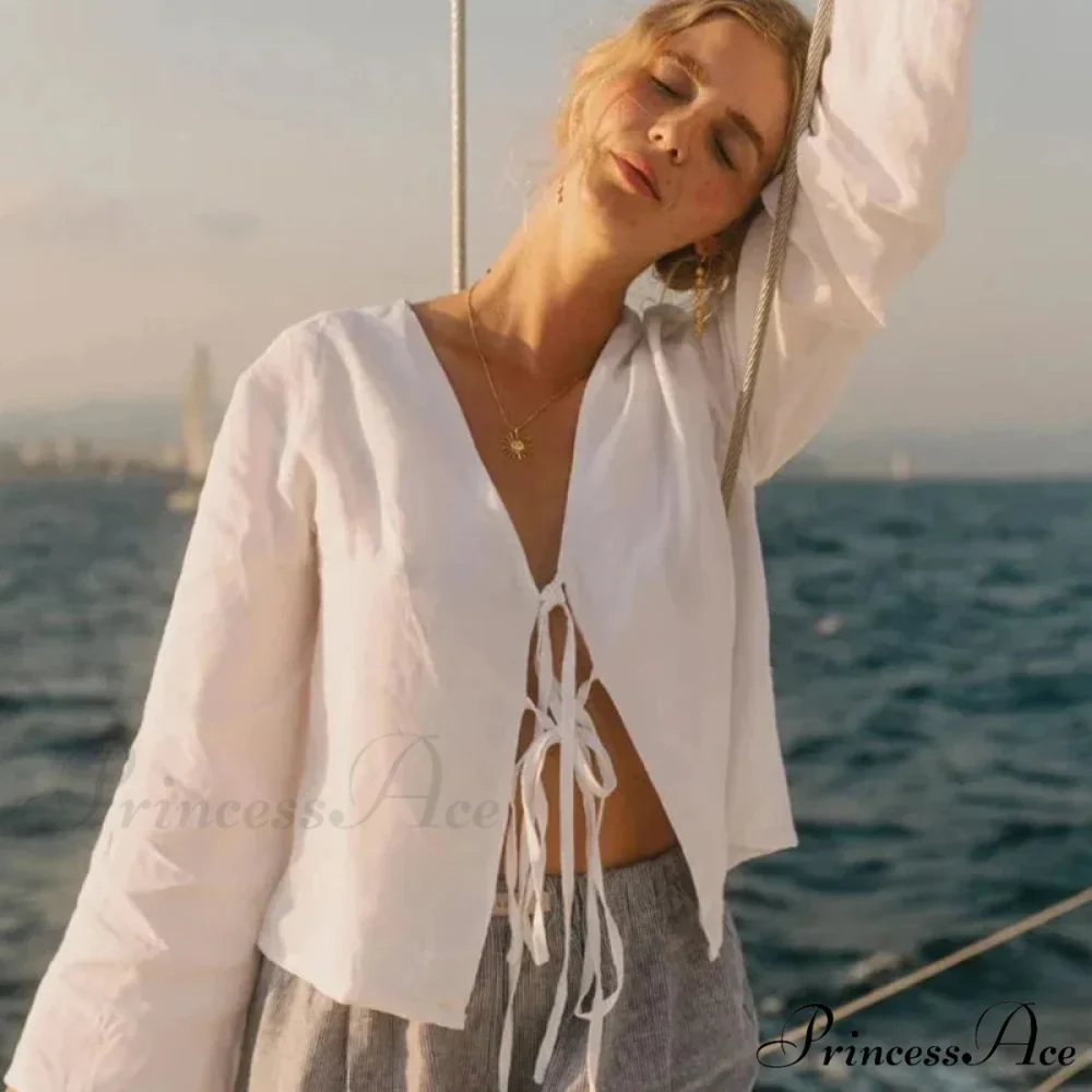 Verdant Linen Tie-Up Extended Sleeve V-neck Blouse - Image 5