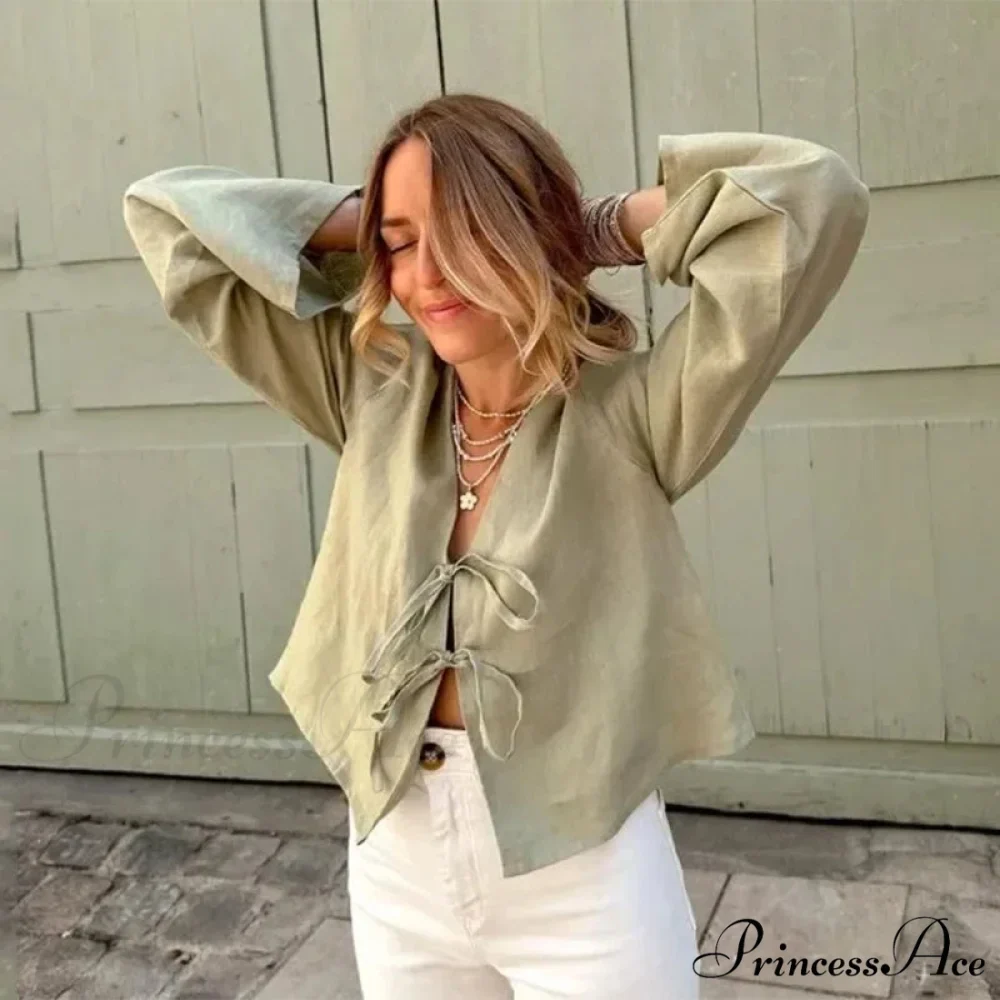 Verdant Linen Tie-Up Extended Sleeve V-neck Blouse - Image 7