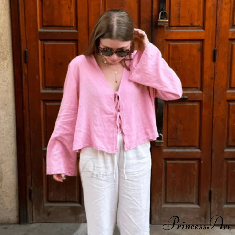 Verdant Linen Tie-Up Extended Sleeve V-neck Blouse - Image 8