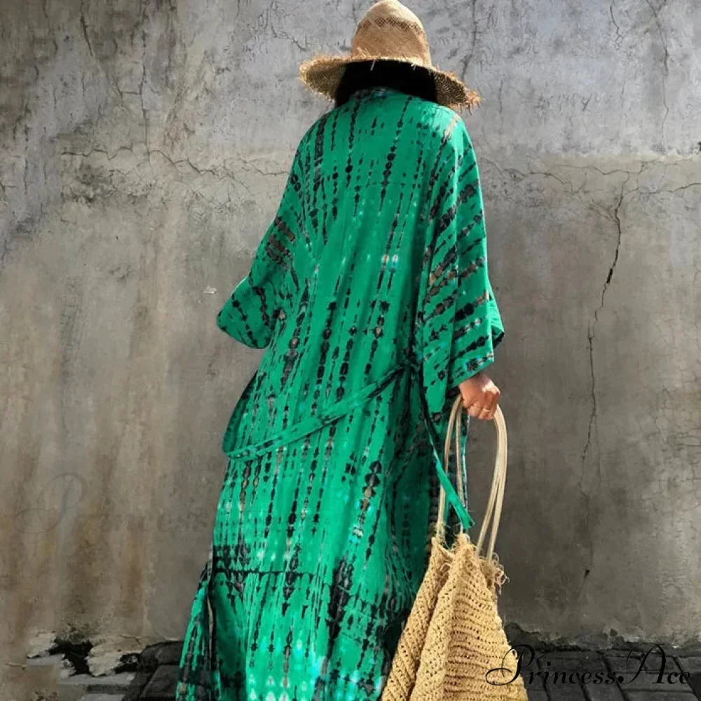 Verdant Patterned Satin Kimono Robe Bohemian Wrap - Image 4