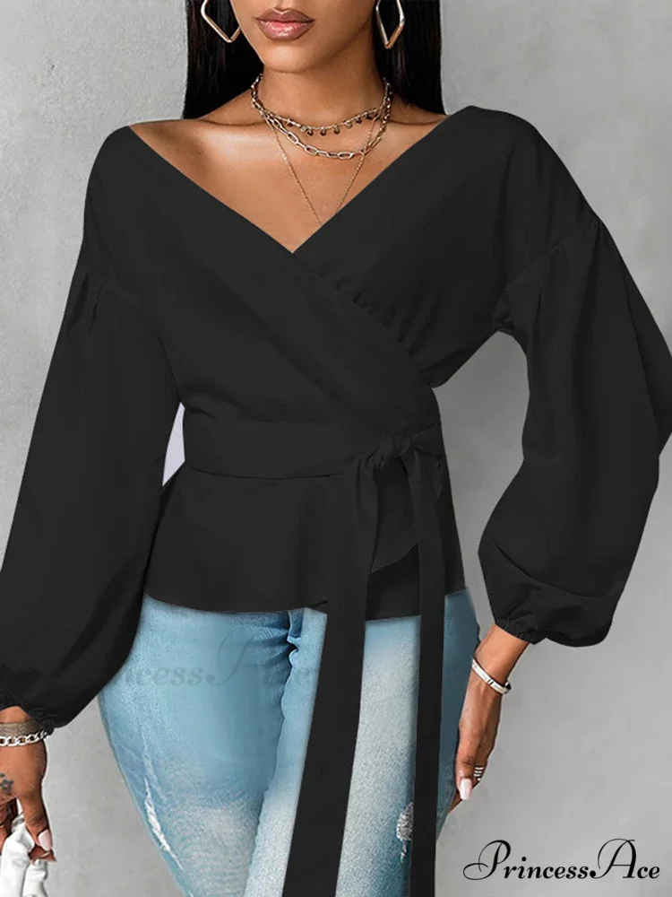 Vestment Sleeve Frilled Cinched Monochrome Blouse - Image 3