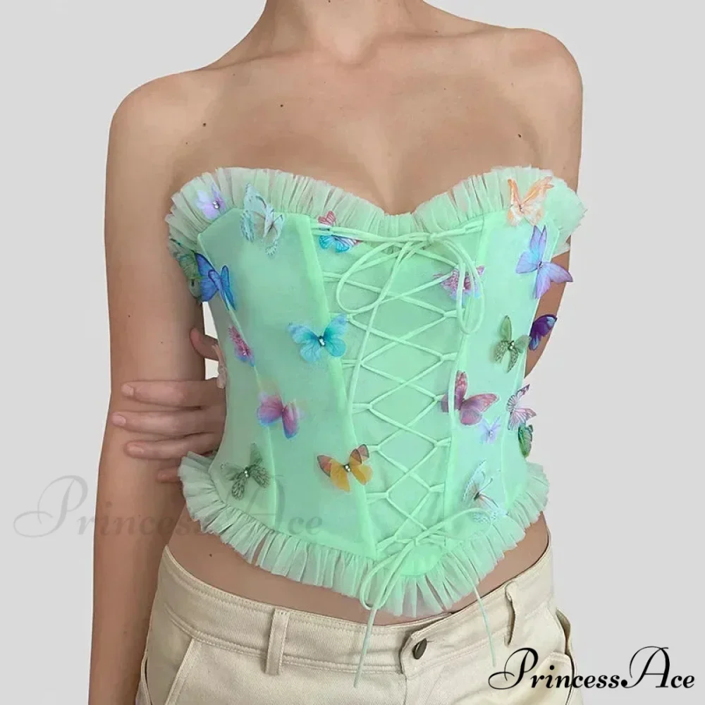Vibrant Butterfly Patches Mesh Frill Crop Top - Image 2