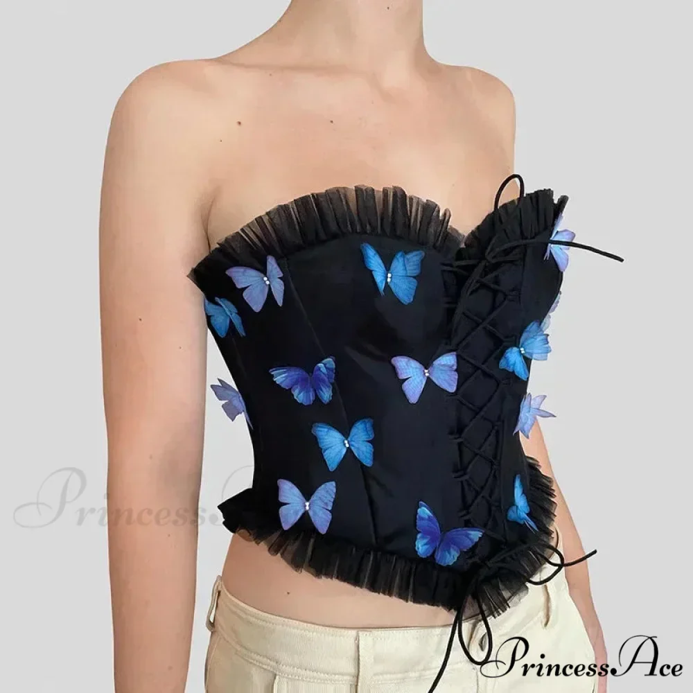 Vibrant Butterfly Patches Mesh Frill Crop Top - Image 3