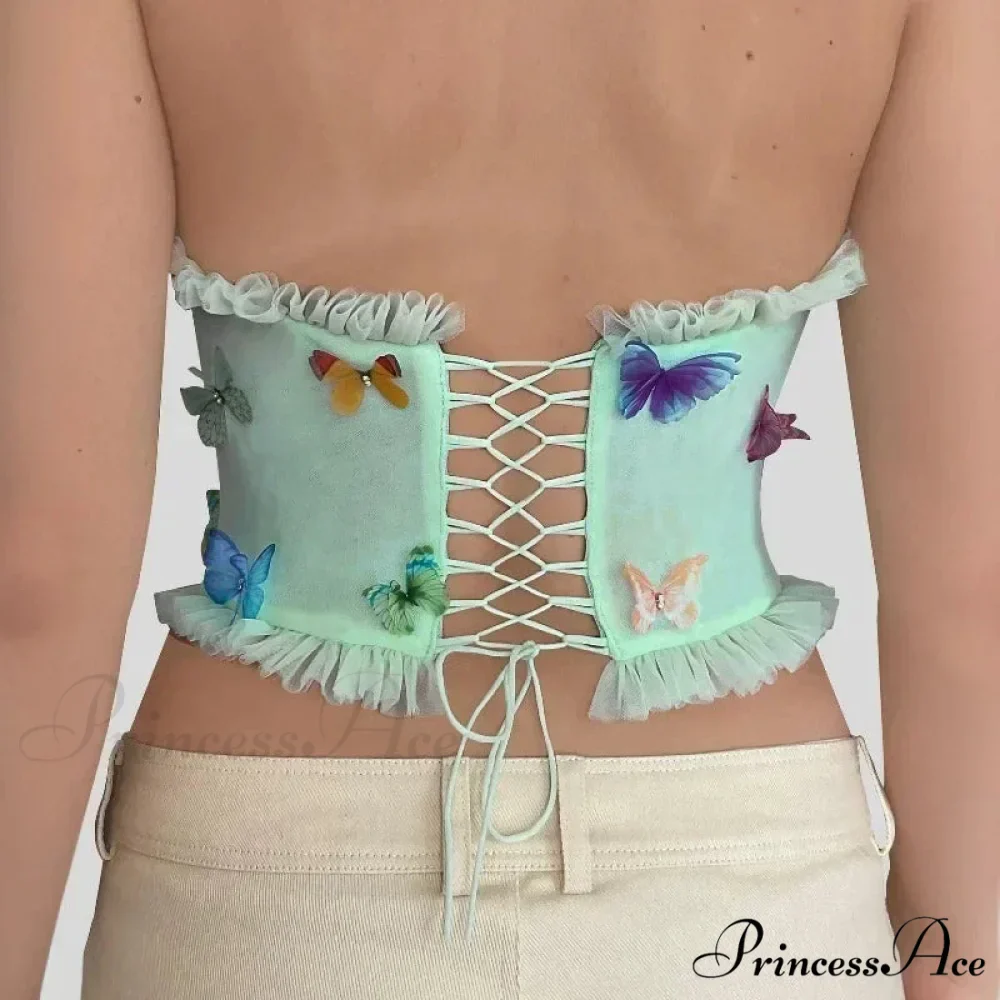 Vibrant Butterfly Patches Mesh Frill Crop Top - Image 4