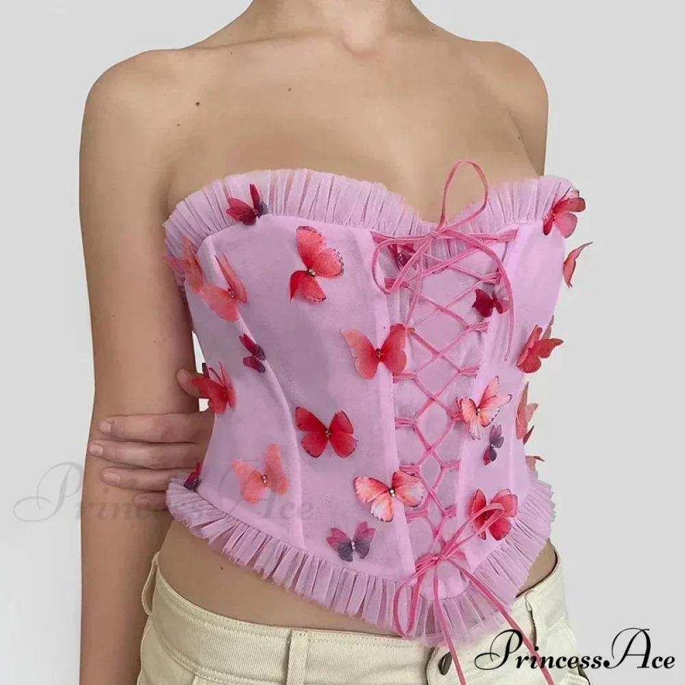 Vibrant Butterfly Patches Mesh Frill Crop Top - Image 6