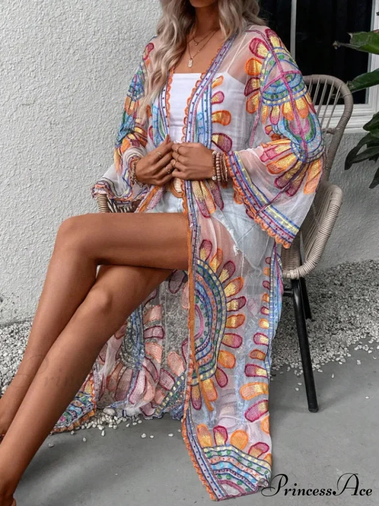 Vibrant Floral Stitching Boho Beach Cover-up Lace Bikini - Image 4