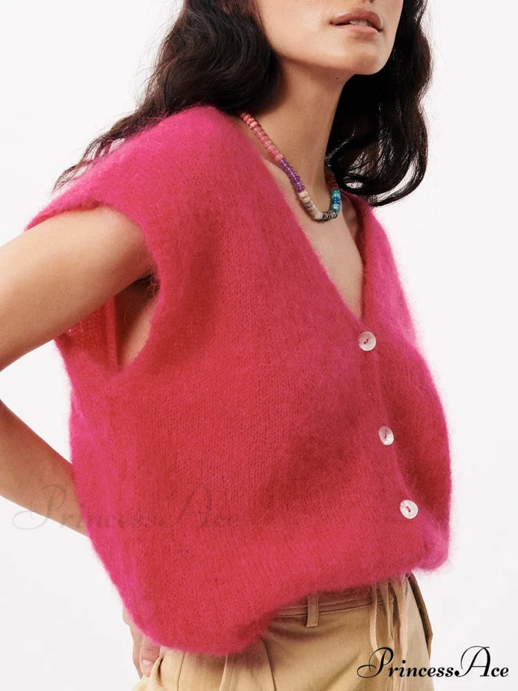Vibrant Hairy Button-Up Sleeveless Cardigan - Image 4
