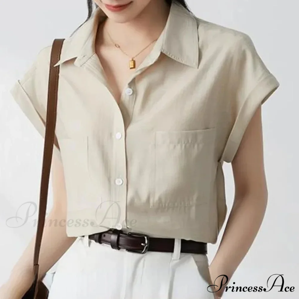 Vintage Baggy Collar Pocket Short Sleeve Blouse - Image 2