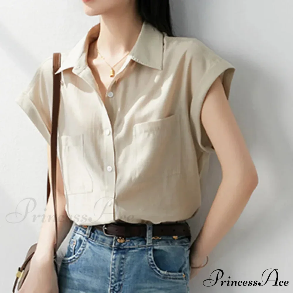 Vintage Baggy Collar Pocket Short Sleeve Blouse - Image 3