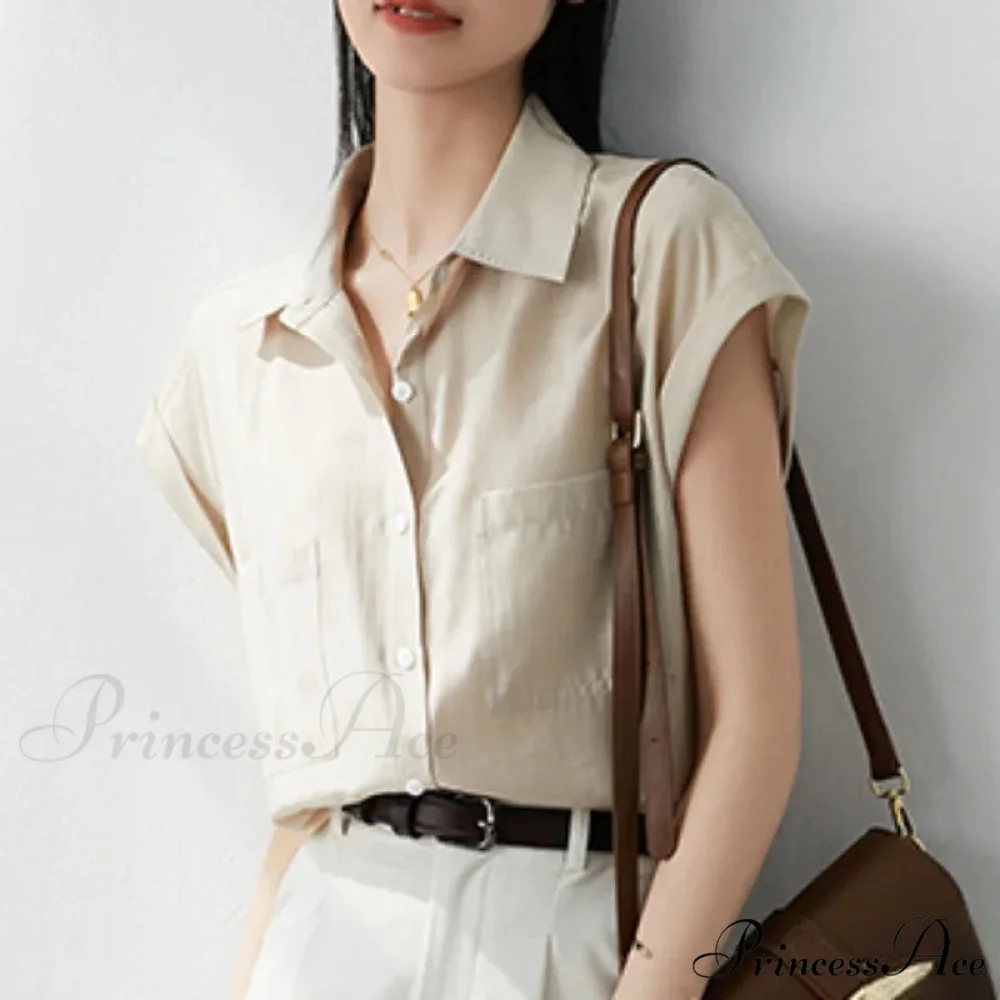 Vintage Baggy Collar Pocket Short Sleeve Blouse - Image 4