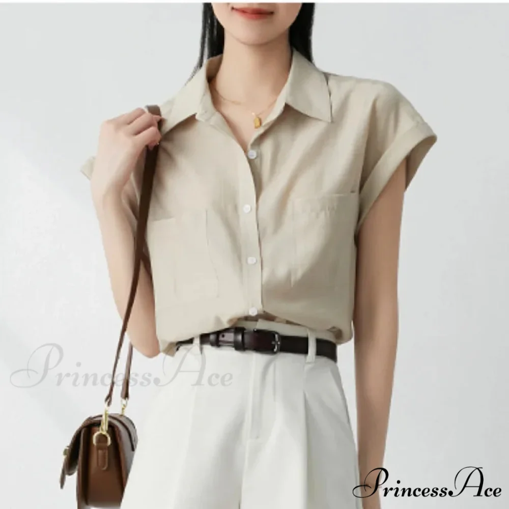Vintage Baggy Collar Pocket Short Sleeve Blouse - Image 5