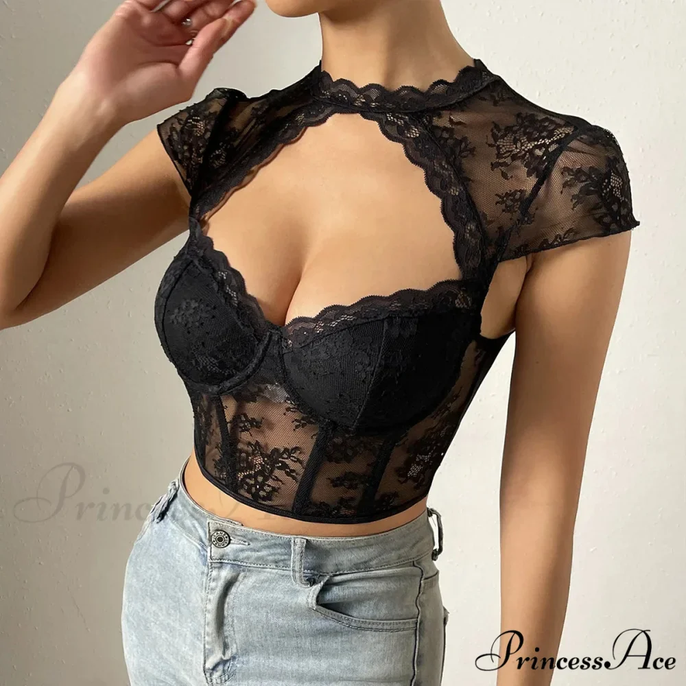 Vintage Blossom Lace Fishbone V-neck Crop Top - Image 3