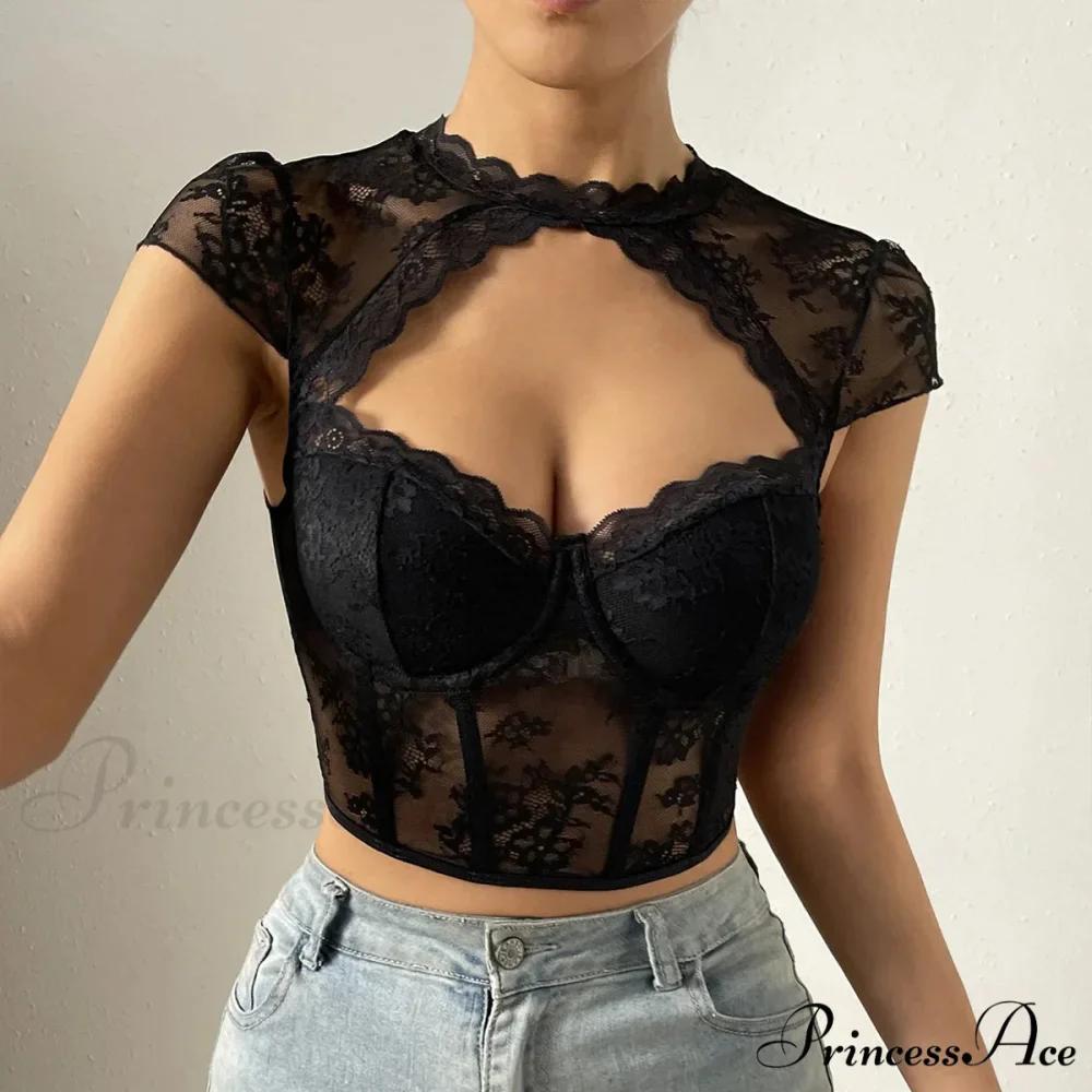 Vintage Blossom Lace Fishbone V-neck Crop Top - Image 6